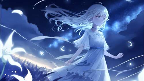 An anime girl gazing at a beautiful, surreal blue night sky filled with bright stars. wallpaper