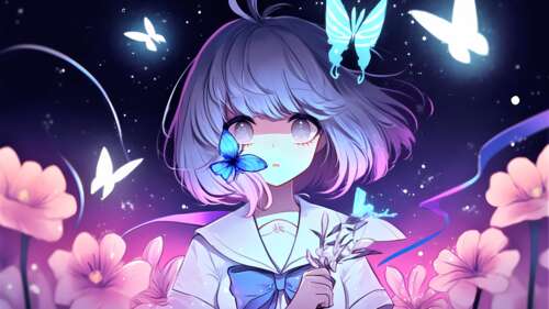 An anime girl with fairy wings surrounded by colorful butterflies in a surreal, dreamy... free wallpaper