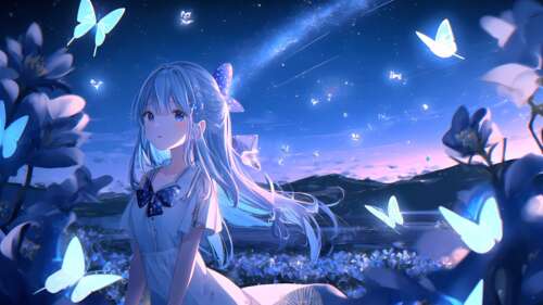 A beautiful anime girl surrounded by fluttering butterflies in a surreal, dreamlike... wallpaper