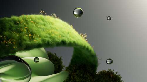 A surreal, close-up view of vibrant green grass covered in sparkling water droplets,... wallpaper