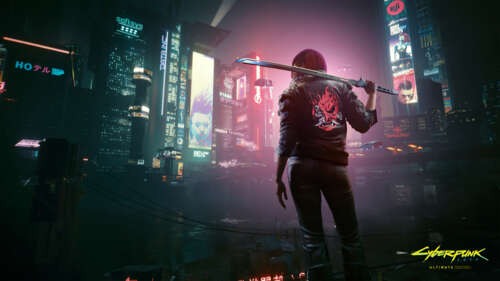 Female V from Cyberpunk 2077 holding a katana and wearing a samurai jacket. wallpaper download