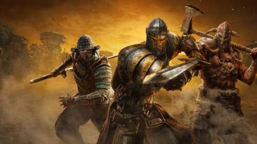 A detailed, battle-scarred knight in heavy plate armor standing amidst a dark, smoky...