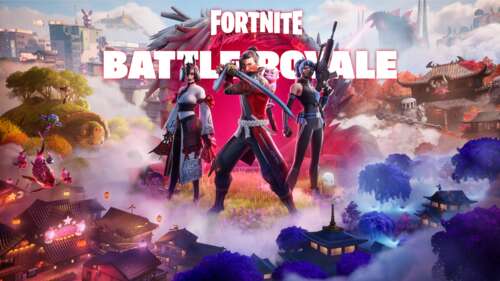 A stylized character from Fortnite Battle Royale standing in a vibrant, action-packed... free desktop wallpaper