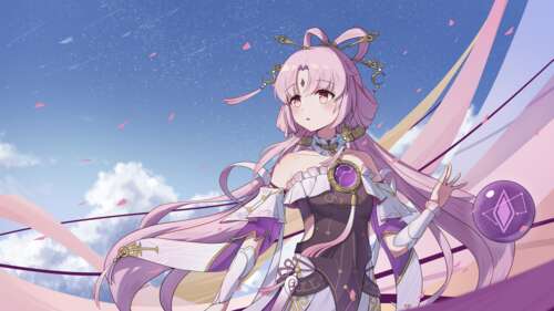 An anime-style portrait of Fu Xuan from Honkai: Star Rail featuring a vibrant purple...