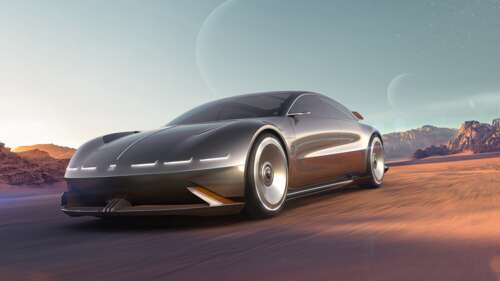 A sleek, aerodynamic electric concept car from 2025 featuring futuristic LED lighting...