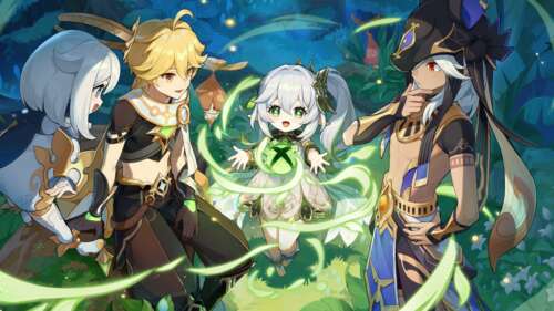 Featuring Paimon, Aether, and Nahida from Genshin Impact with the Xbox logo and Xbox... free wallpaper for computer