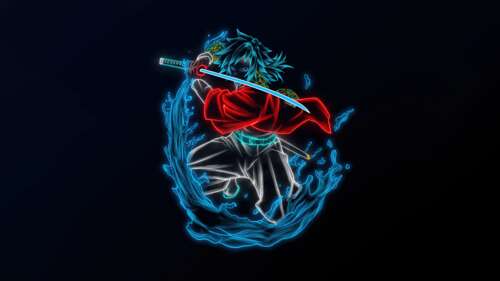 A cinematic portrait of Giyu Tomioka from Demon Slayer: Kimetsu no Yaiba against... wallpaper