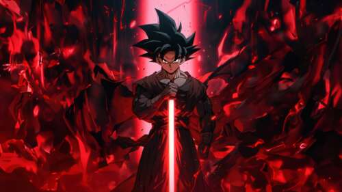 Goku Black in Super Saiyan Rosé form wielding a glowing red lightsaber against a...