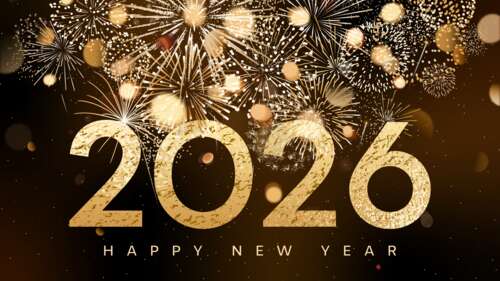 Elegant golden Happy New Year 2026 text with sparkling gold fireworks on a black... computer backgrounds