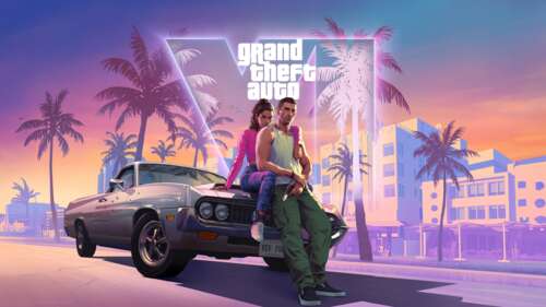 Official-style cinematic artwork for Grand Theft Auto VI featuring characters Lucia...