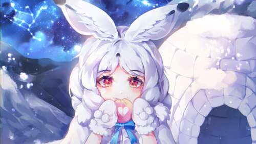 A cute anime girl with large eyes sitting inside a snowy igloo surrounded by glowing... wallpaper