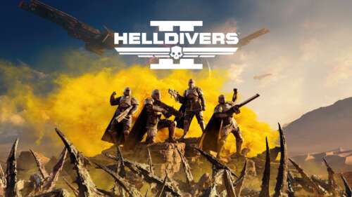 A cinematic shot of a Helldiver character from Helldivers 2 wearing full tactical...