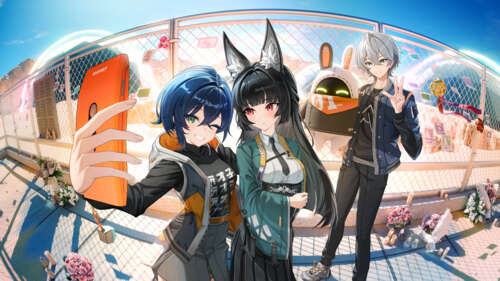 Hoshimi Miyabi, Wise, and Belle from Zenless Zone Zero posing together for a selfie. wallpaper