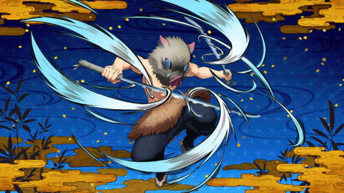 Inosuke Hashibira from Demon Slayer: Kimetsu no Yaiba wielding swords in a powerful... wallpaper