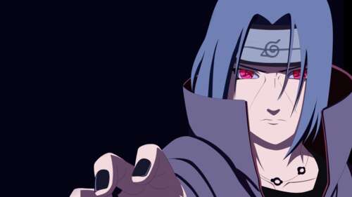 Close-up of Itachi Uchiha's face with a glowing Sharingan eye and Akatsuki cloak... wallpaper download