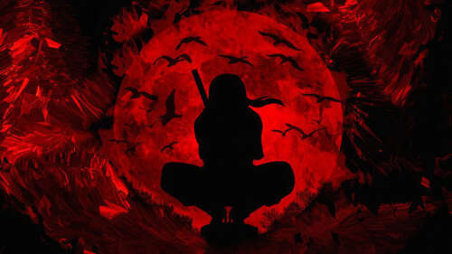 A dark silhouette of Itachi Uchiha from Naruto against a deep red background and... ps4 wallpaper