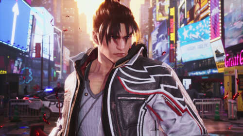Jin Kazama from Tekken 8 in a dynamic martial arts pose