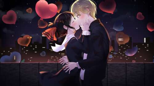 Kaguya Shinomiya and Miyuki Shirogane from Kaguya-sama: Love is War sharing a romantic... free wallpaper