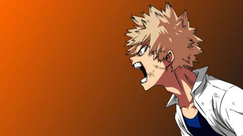 Digital artwork of Katsuki Bakugo from My Hero Academia set against a solid brown... free background images