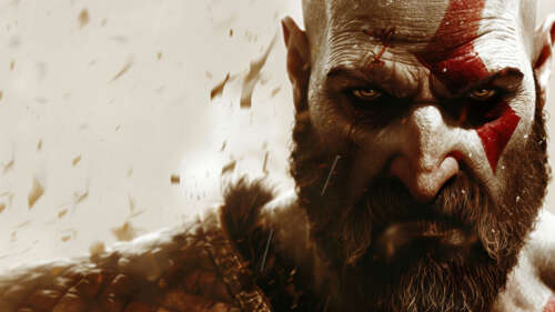 A detailed close-up of Kratos from God of War, featuring his signature red tattoos... free wallpaper