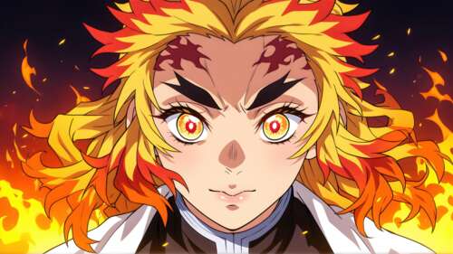 Kyojuro Rengoku from Demon Slayer: Kimetsu no Yaiba surrounded by dramatic and intense... wallpaper