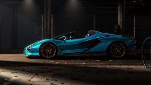 A high-resolution, aesthetic shot of a Lamborghini Sián Roadster parked inside a... wallpaper download