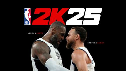 LeBron James and Stephen Curry portraits from the NBA 2K25 video game on a black... wallpaper