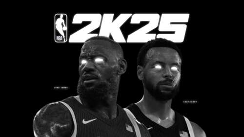 Monochrome high-contrast portrait of LeBron James and Stephen Curry against a black...