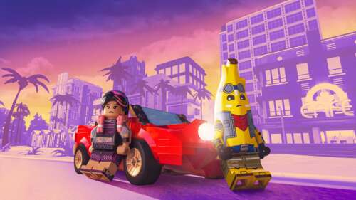 A LEGO-style character standing in a neon-lit urban street reminiscent of Grand Theft... wallpaper