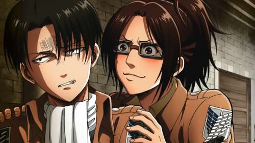 A detailed portrait of Levi Ackerman and Hange Zoe from the anime Attack on Titan wallpaper