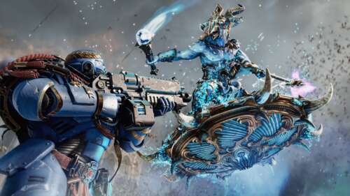 Lieutenant Titus wearing heavy blue Ultramarine power armor from the video game Warhammer... free hd wallpapers