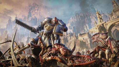 Lieutenant Titus wearing heavy Ultramarine power armor from the game Warhammer 40,000:... free wallpaper