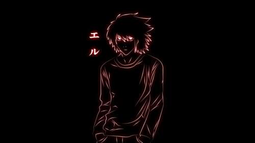 Minimalist glowing portrait of Light Yagami from Death Note on a deep black background. desktop wallpaper