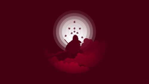 Minimalist digital art of Madara Uchiha from Naruto on a dark red background. free background