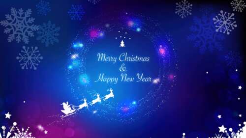 A sparkling Santa Claus chariot flying through a blue night sky filled with shimmering... wallpaper