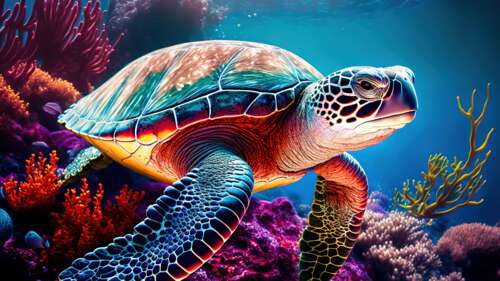 A sea turtle swimming through a colorful and vibrant coral reef ecosystem underwater. wallpaper download