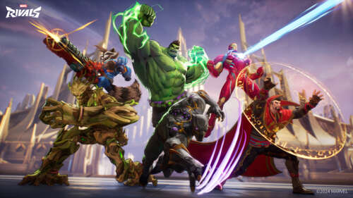 A dynamic battle scene featuring superheroes from the Marvel Rivals universe in an...