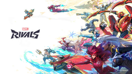An action-packed key art composition for the video game Marvel Rivals featuring iconic...
