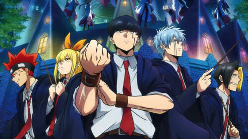 Anime poster for Mashle: Magic and Muscles showcasing Mash Burnedead, Dot Barrett,... background images hd