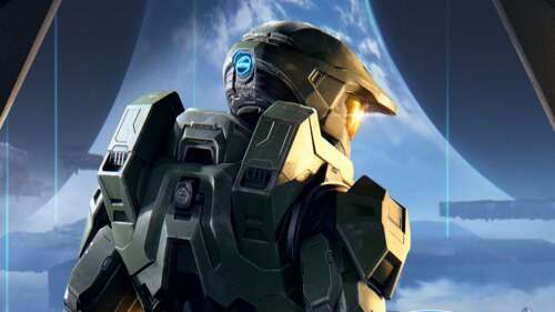 A high-detail, ultra-wide cinematic shot of Master Chief in his iconic green MJOLNIR... background images hd