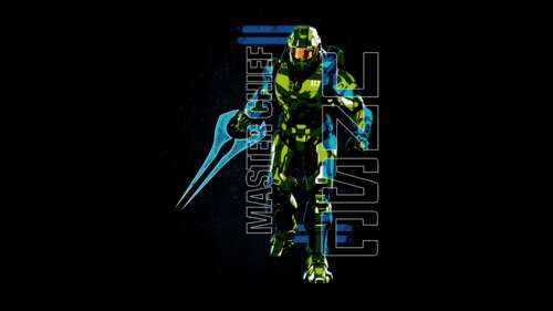 Master Chief from the Halo series in high-contrast AMOLED style against a black background