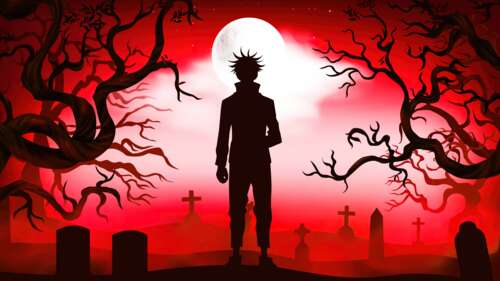 Silhouette of Megumi Fushiguro from Jujutsu Kaisen on a red background high definition wallpaper