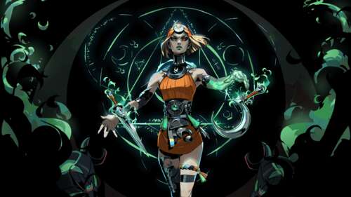 Melinoë from Hades II surrounded by magical shadows and underworld elements. wallpaper