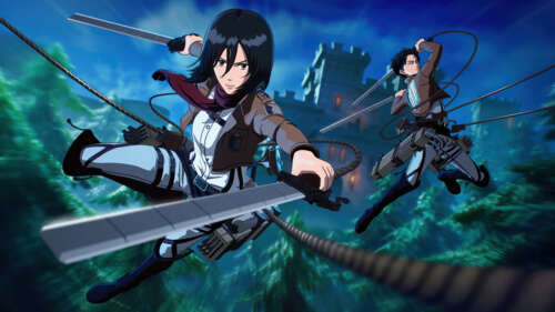 Mikasa Ackerman and Levi Ackerman from Attack on Titan rendered in a colorful Fortnite-inspired... wallpaper
