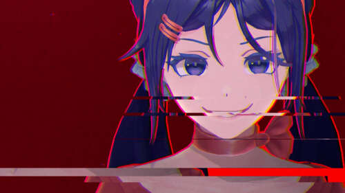 Mita from the anime game MiSide, featuring anime-style art on a vibrant red background. wallpaper download