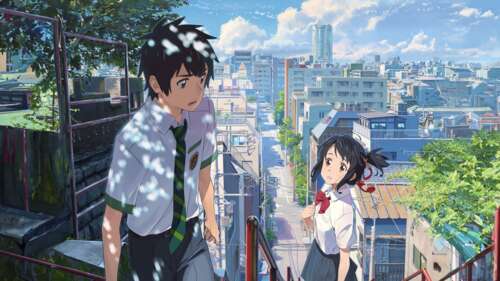 An anime-style depiction of the couple Mitsuha Miyamizu and Taki Tachibana from the... free hd wallpapers