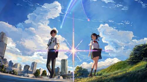 Mitsuha Miyamizu and Taki Tachibana from Kimi no Na wa standing under a sky filled... wallpaper