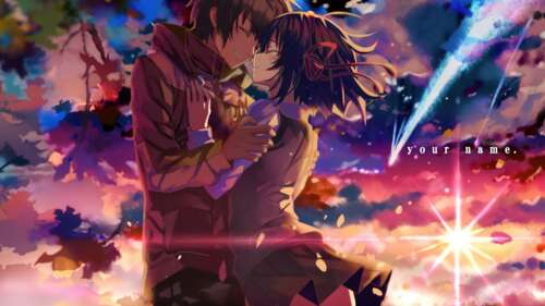 Anime couple Mitsuha Miyamizu and Taki Tachibana from Kimi no Na wa observing a spectacular... high definition wallpaper
