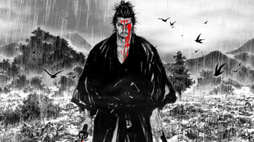 Monochrome ink-style artwork of Miyamoto Musashi from the manga Vagabond, featuring... wallpaper download