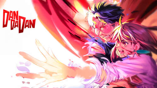 Momo Ayase and Okarun standing together in the style of the Dandadan anime wallpaper